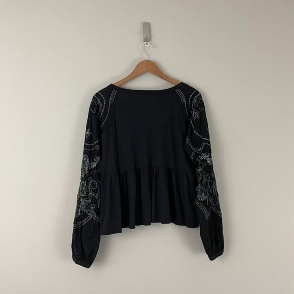 Free People Penny Black Embroidered Sleeve Peplum Top Size XS - Picture 2 of 6